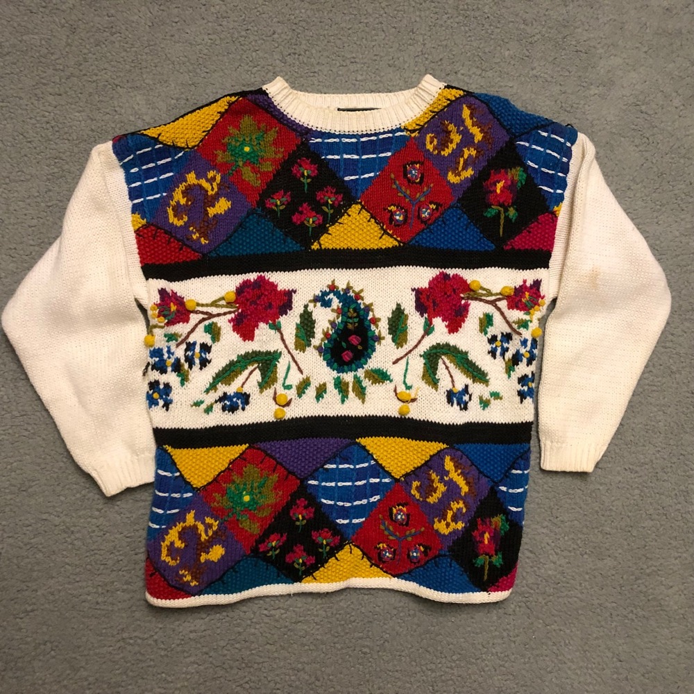 Cherry Stix Vintage‎ Hand Knit Floral Patchwork Sweater Multi Color Medium